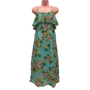 Xhilararation Girl's blue floral lace ruffle split leg sleeveless maxi dress